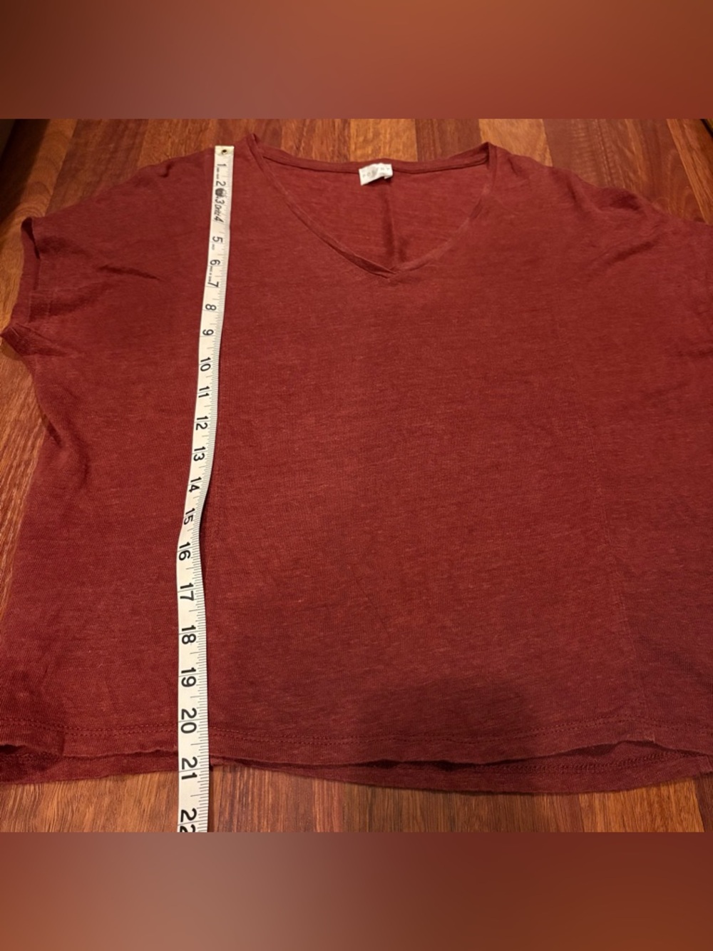 Poetry Linen Women's V-Neck Short Sleeve Loose Fit Tee in Rust Red Orange - Picture 8 of 8